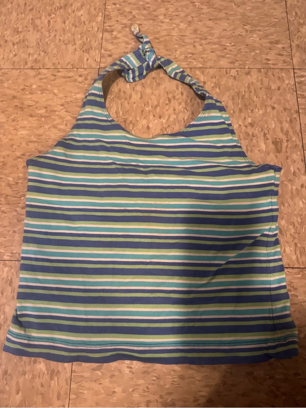 Y2k Striped Halter Crop Tank in Blue, Green & White Size L With Built In Bra
